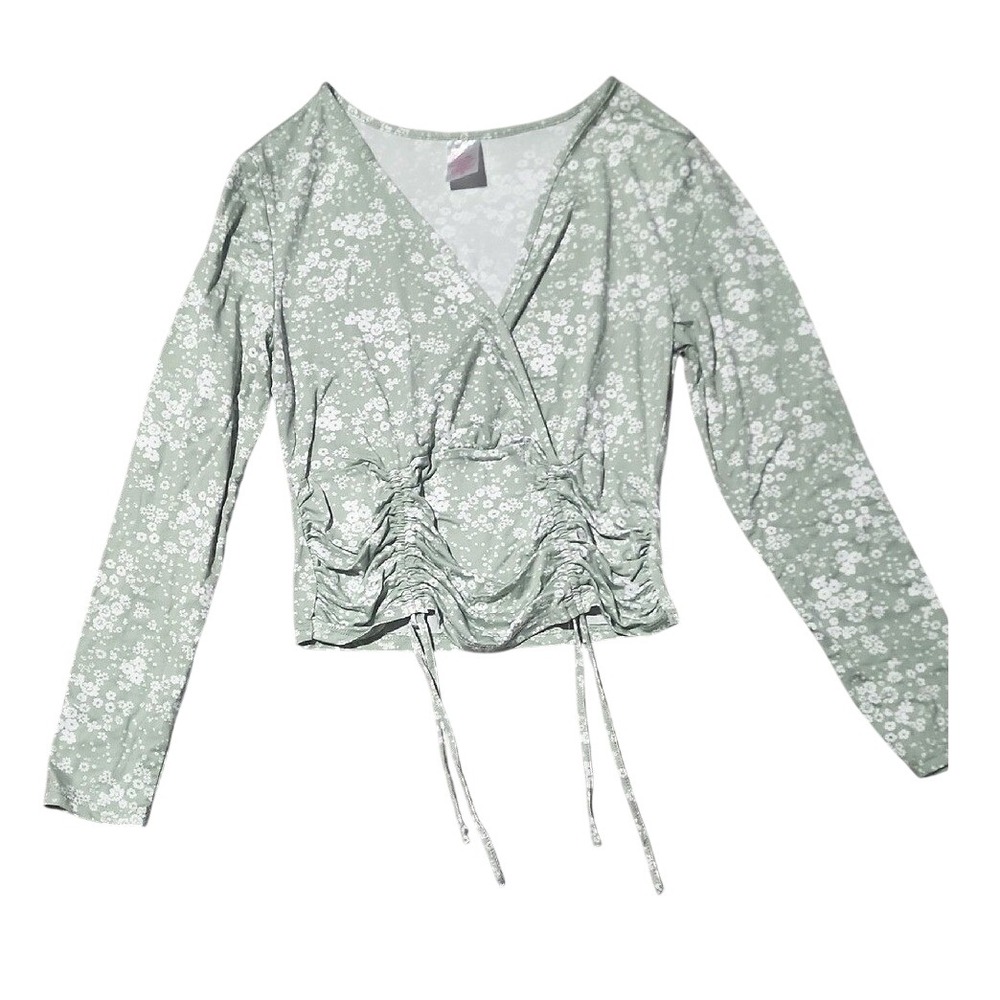 No Boundaries Sage Green Floral Ruched‎ Front Surplice Top Long Sleeve L 11-13
